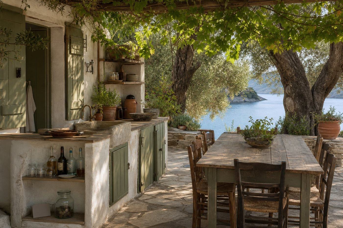 The shared pergola above the grove: a long table under the vines, the outdoor kitchen and the honesty bar, with the bay beyond